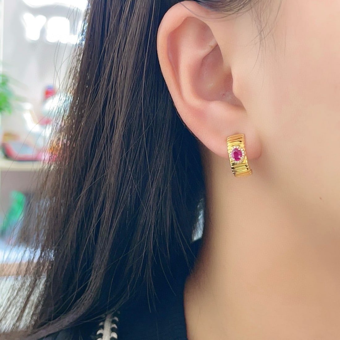 14k Gold 1.00 Ct Natural Ruby & Diamond Earrings - 5