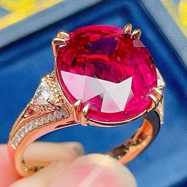 14k Gold 9.7 Ct Natural Tourmaline & Diamond Ring - 2