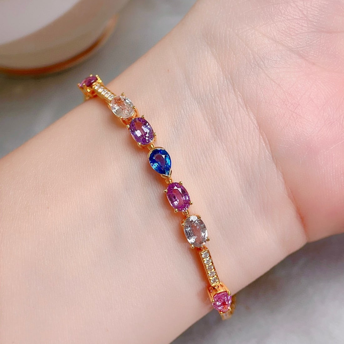 14k Gold 3.88 Ctw Natural Sapphire & Diamond Bracelet - 6