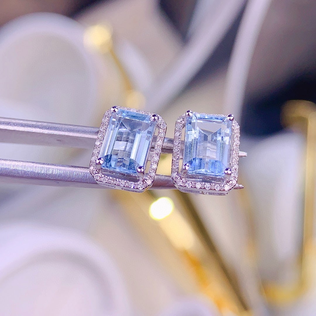 14k Gold 2.8 Ct Natural Aquamarine & Diamond Earrings - 2