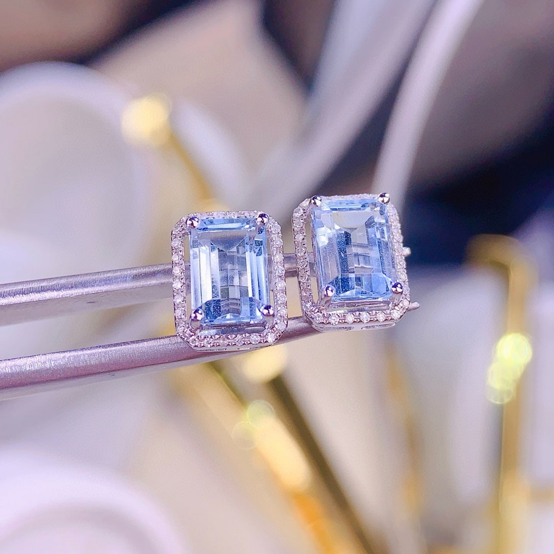 14k Gold 2.8 Ct Natural Aquamarine & Diamond Earrings - 4