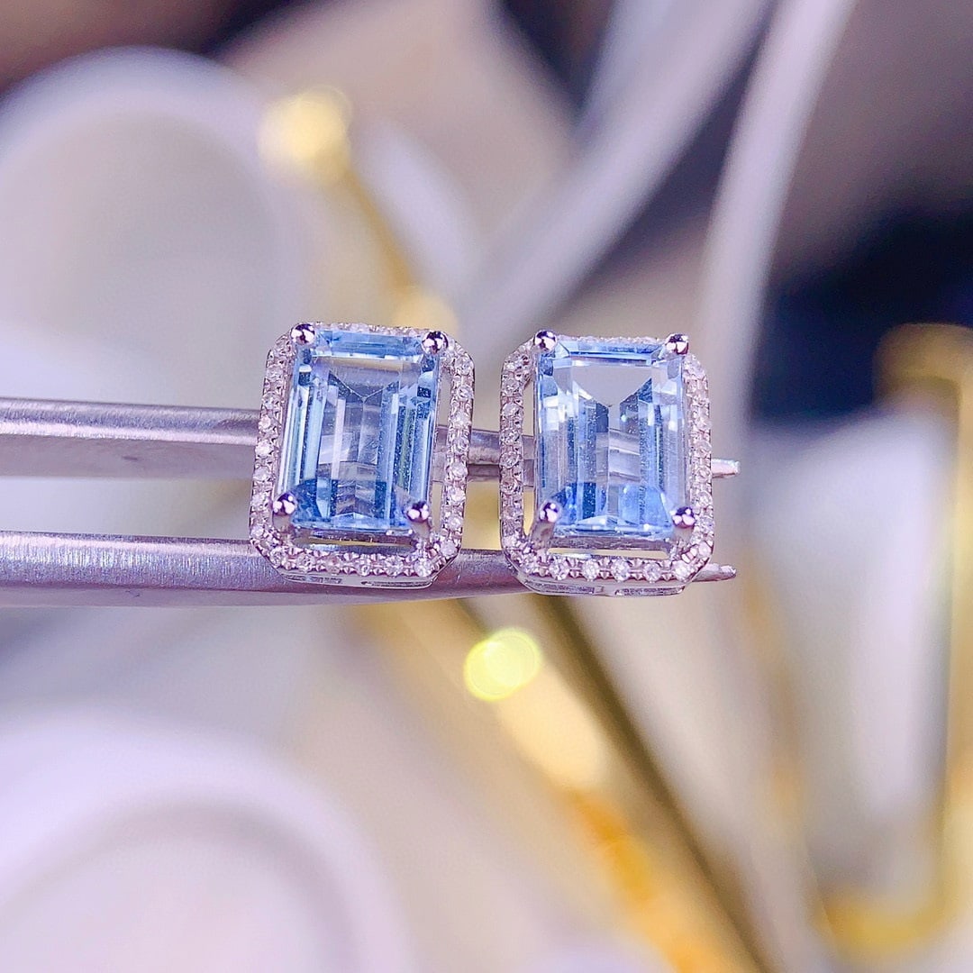 14k Gold 2.8 Ct Natural Aquamarine & Diamond Earrings - 6