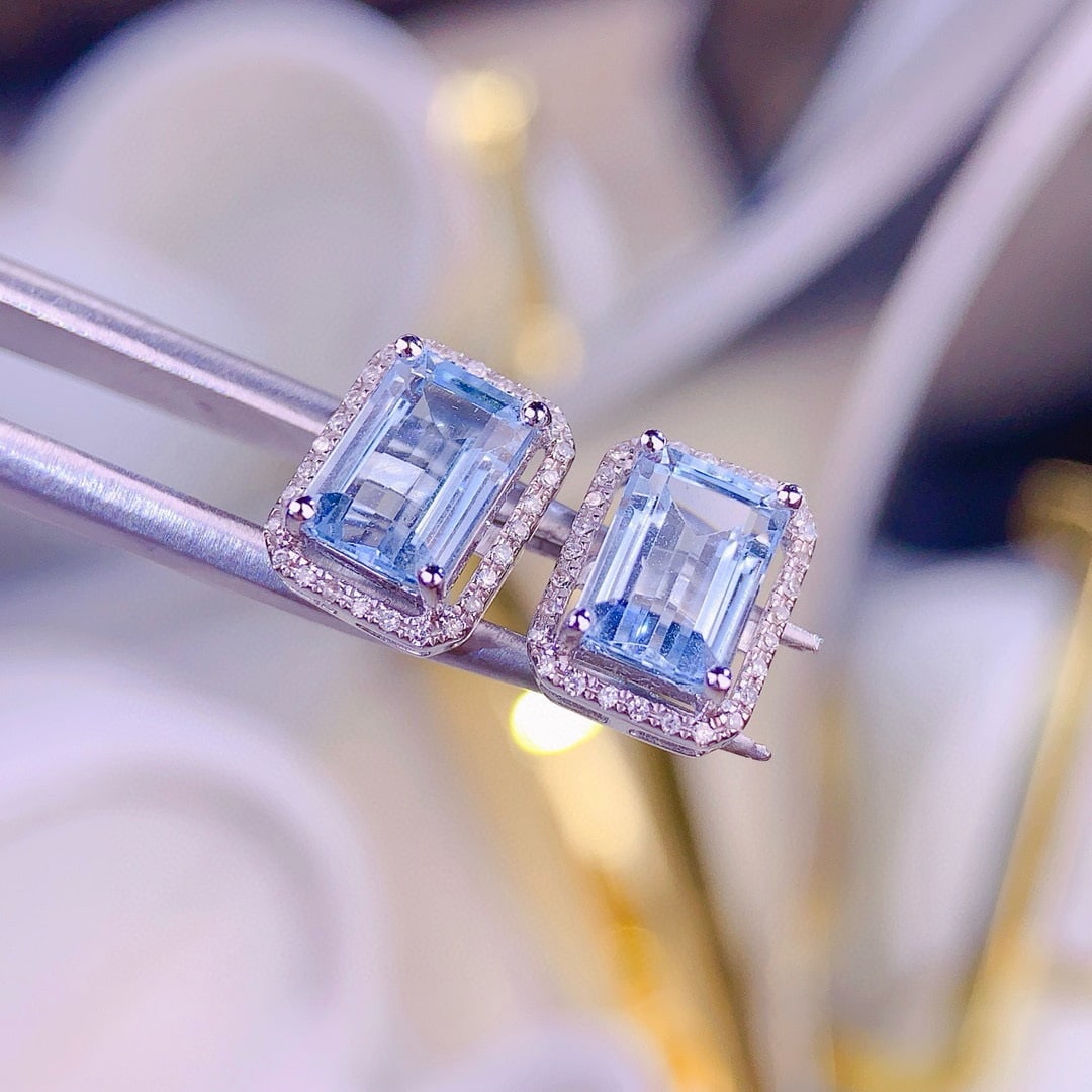 14k Gold 2.8 Ct Natural Aquamarine & Diamond Earrings - 7