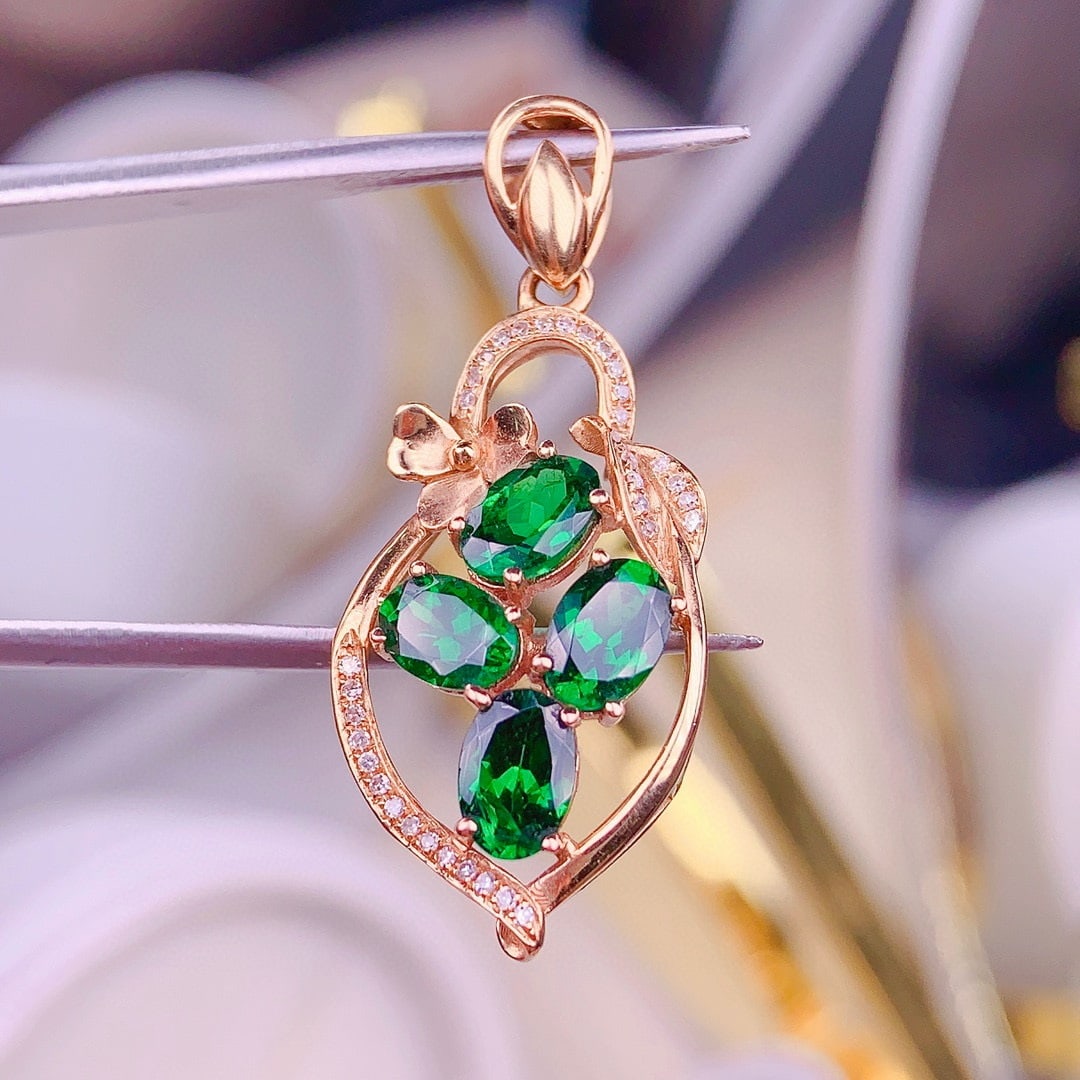 14k Gold 3 Ct Vivid Green Natural Tsavorite & Diamond Pendant( Without Chain ) - 6