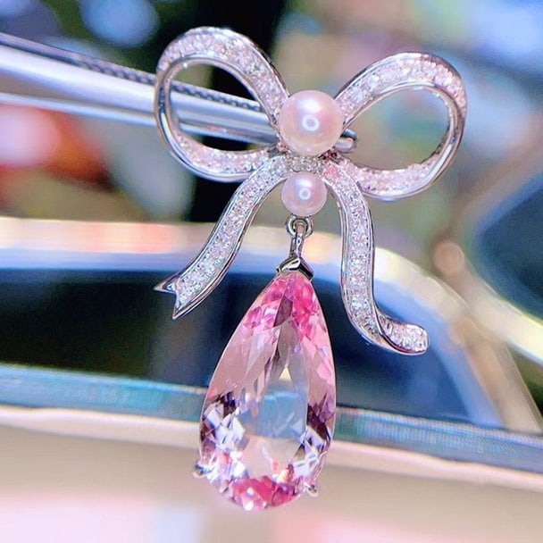 14k Gold 3.8 Ct Natural Morganite & Diamond Pendant( Without Chain ) - 6