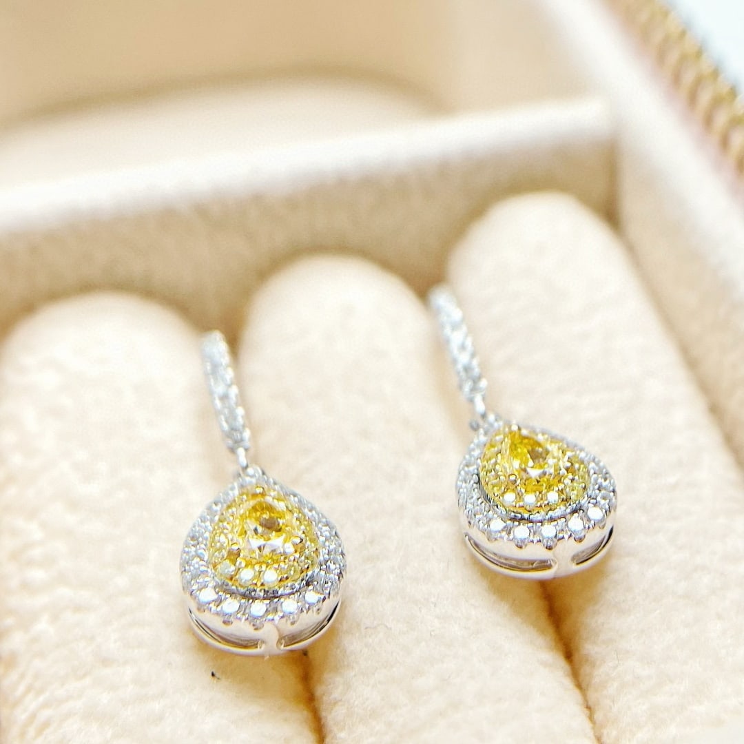 14k Gold 0.80 Ctw Natural Yellow Diamond & Diamond Earrings - 2