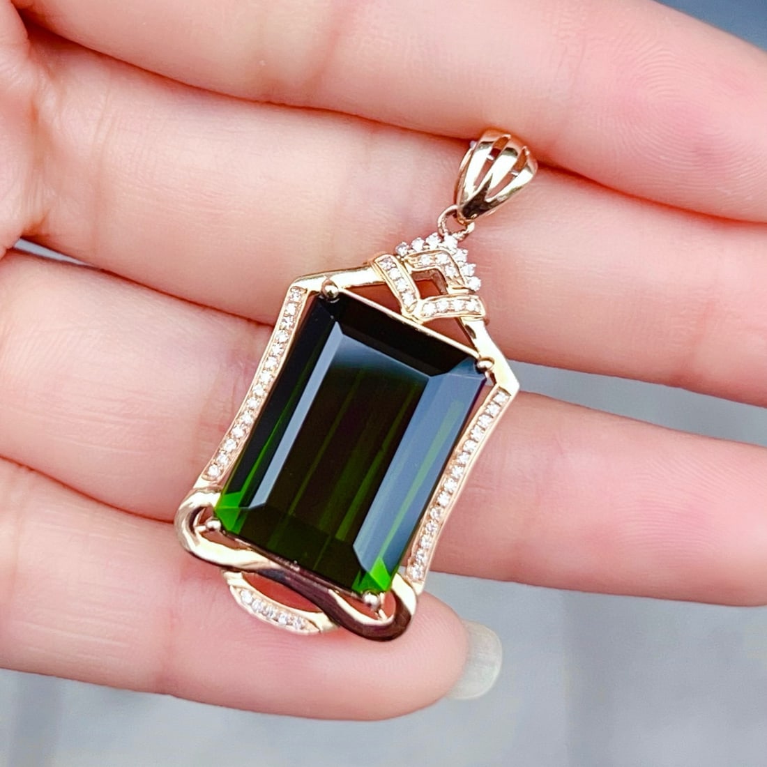 14k Gold 14.31 Ctw Natural Tourmaline & Diamond Pendant( Without Chain ) - 6