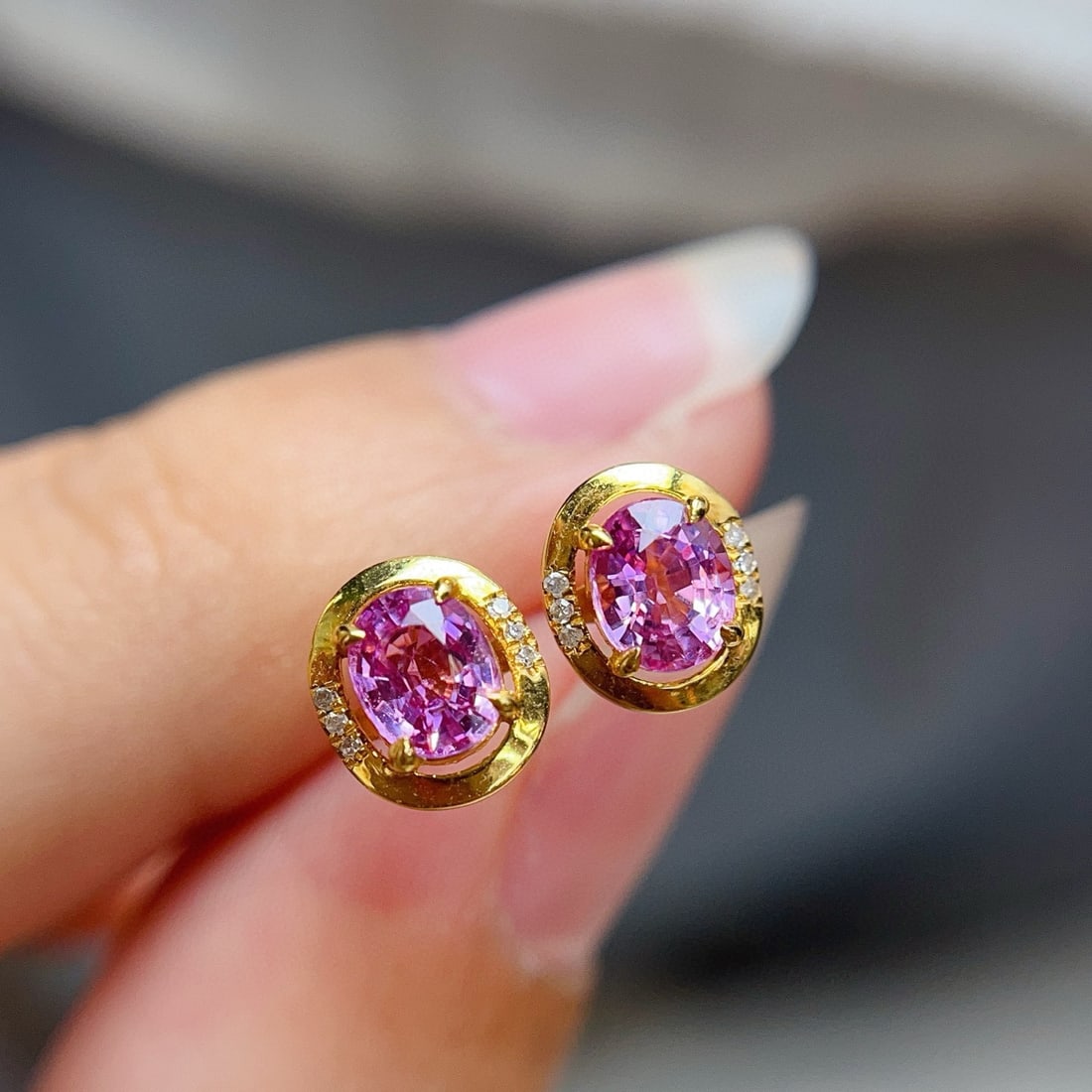 14k Gold 1.00 Ct Natural Padparadscha Sapphire & Diamond Earrings - 4