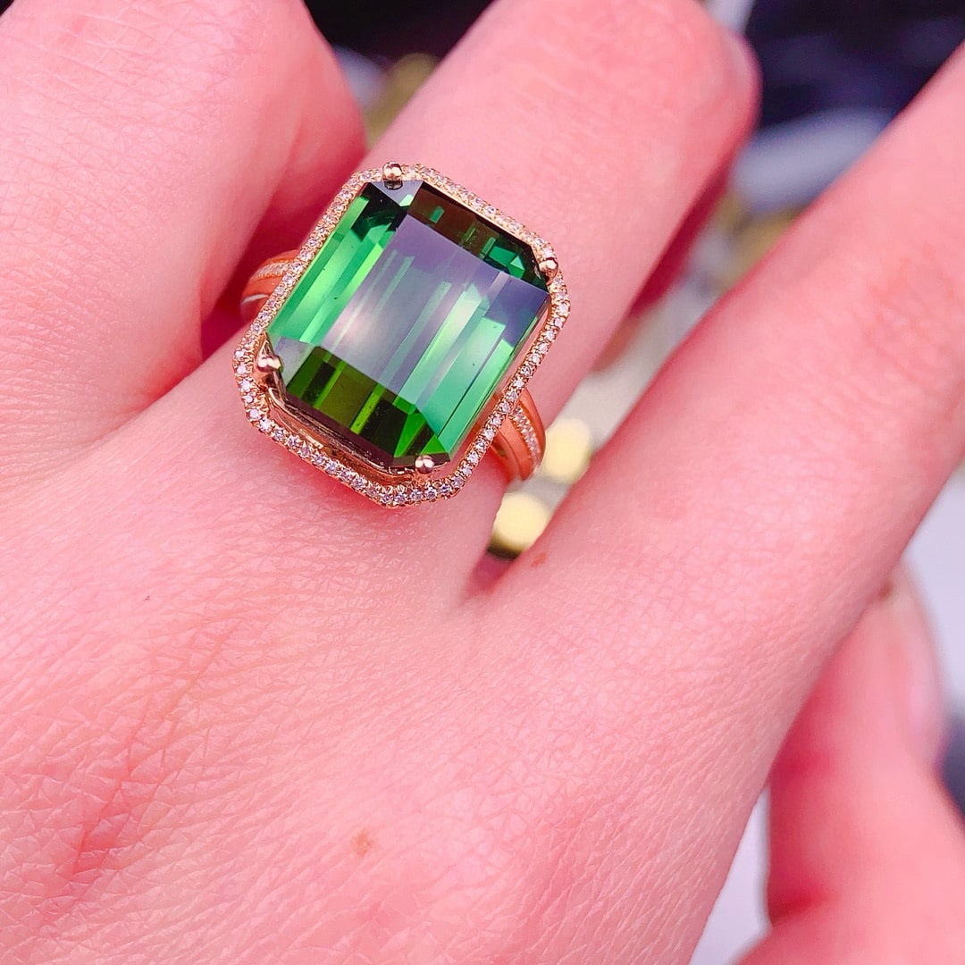 14k Gold 11 Ct Natural Tourmaline & Diamond Ring - 3