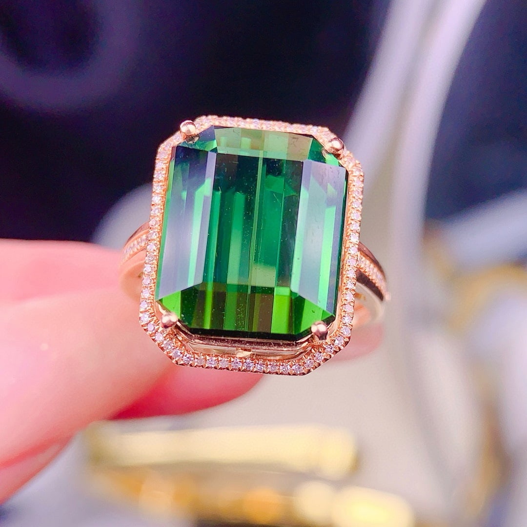 14k Gold 11 Ct Natural Tourmaline & Diamond Ring - 5