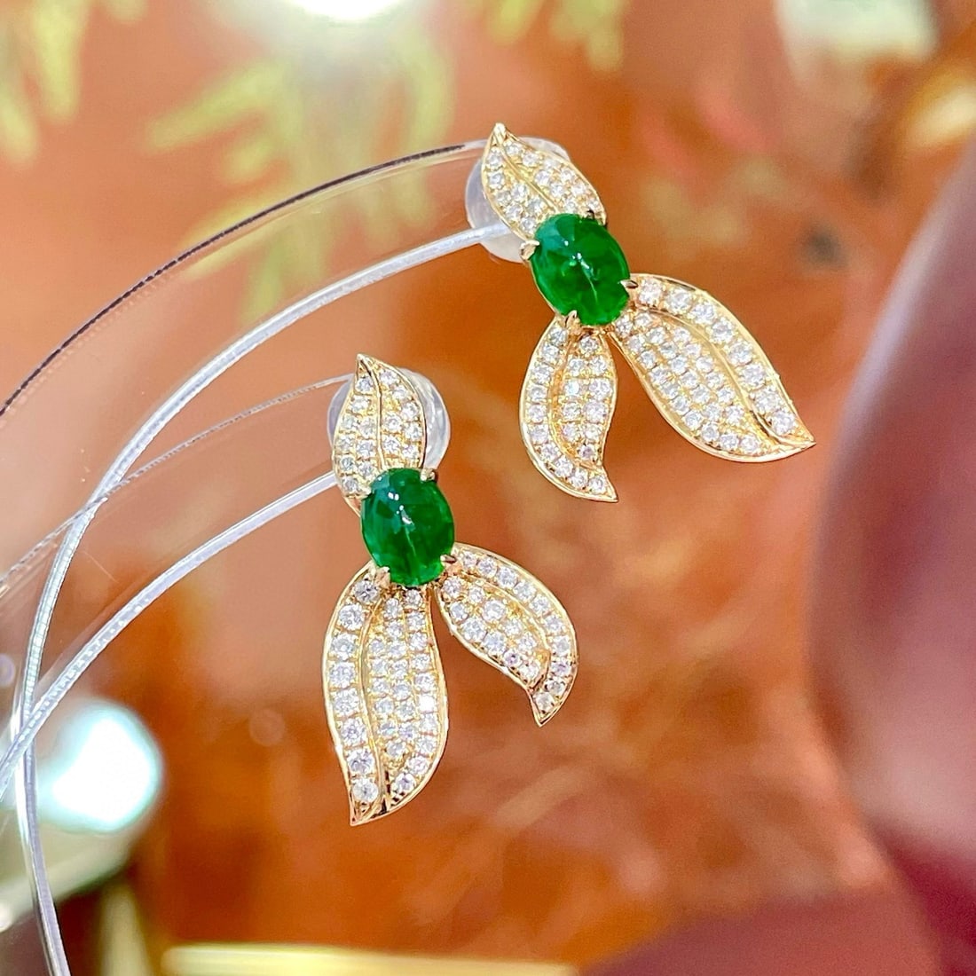 14k Gold 1.22 Ctw Vivid Green Natural Emerald & Diamond Earrings - 2