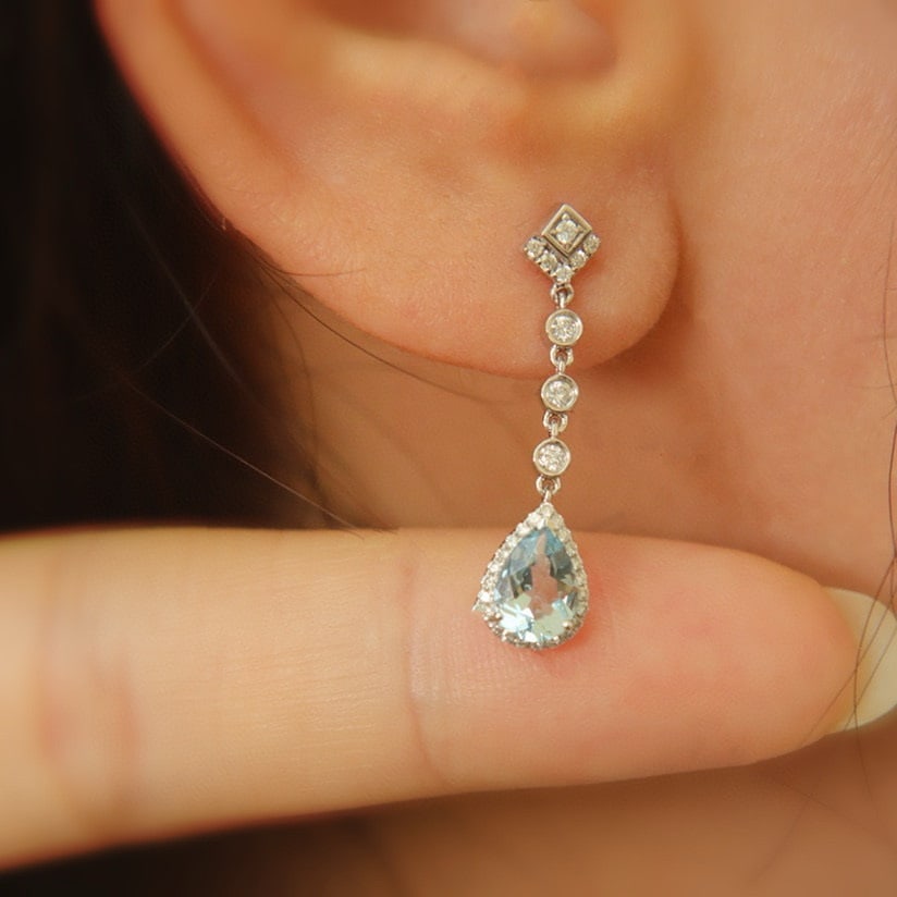 14k Gold 1.48 Ct Natural Aquamarine & Diamond Earrings - 7