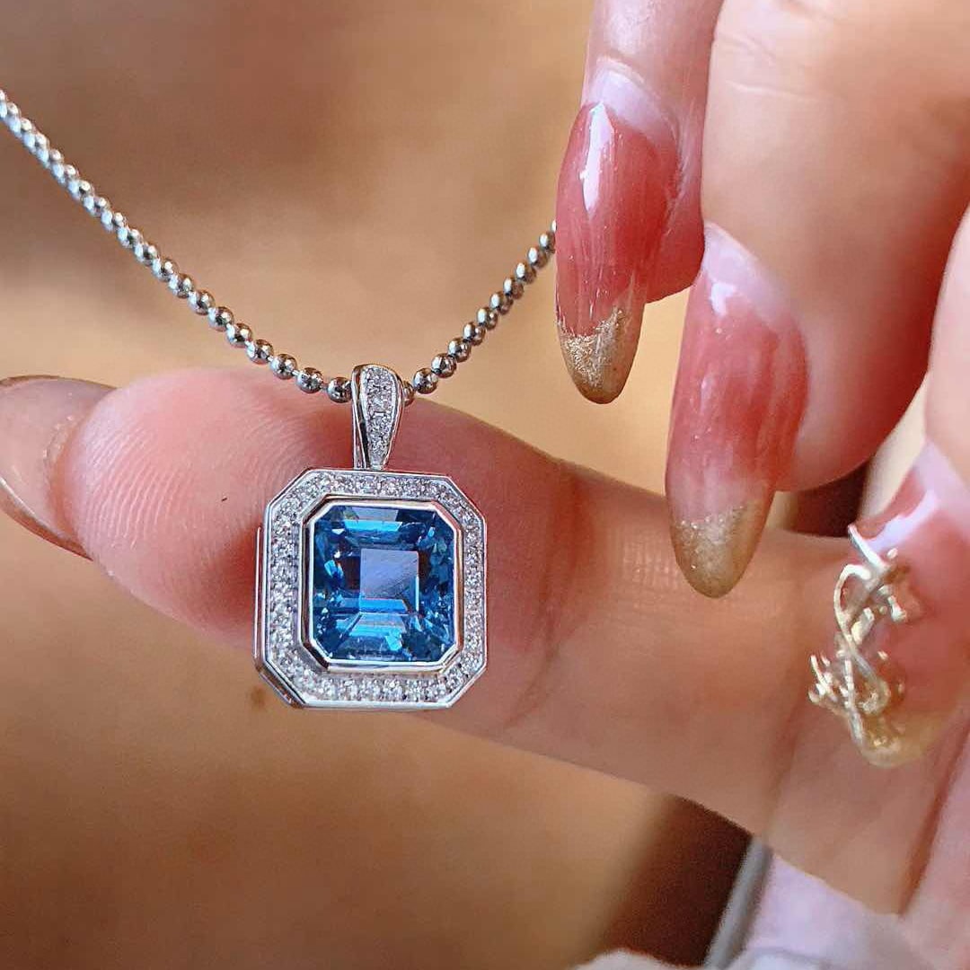 14k Gold 2.41 Ct Natural Aquamarine & Diamond Pendant( Without Chain ) - 5