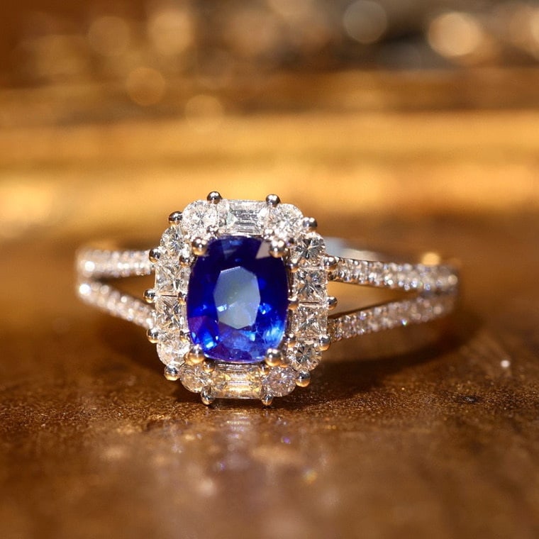 14k Gold 1.72 Ctw Natural Sapphire & Diamond Ring: Ref:230957223 // gold content:14k gold // ring size:7. 25us // // main gemstone:sapphire // shape:cushion // carat weight:1. 11ct // color:royal blue // treatment:natural // // adjacent gemstone 2 : d