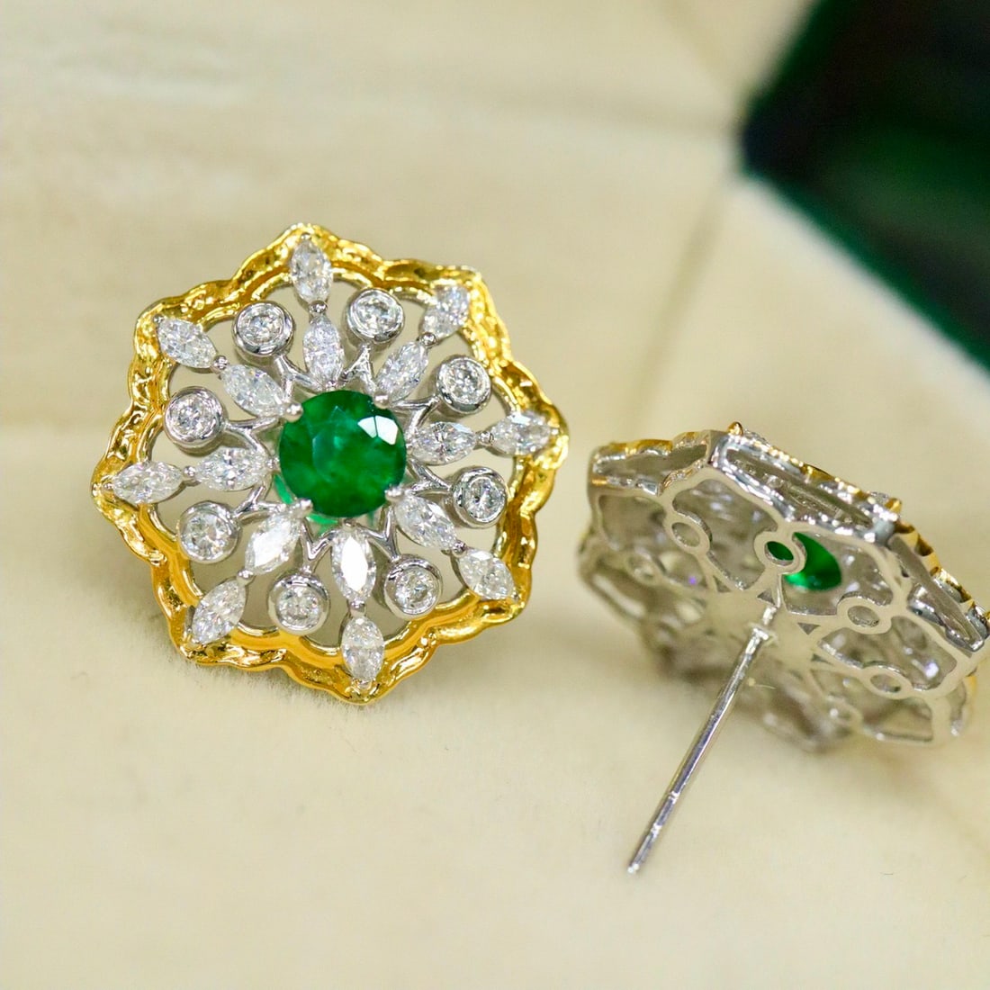 14k Gold 2.71 Ctw Vivid Green Natural Emerald & Lab Grown Diamond Earrings - 3