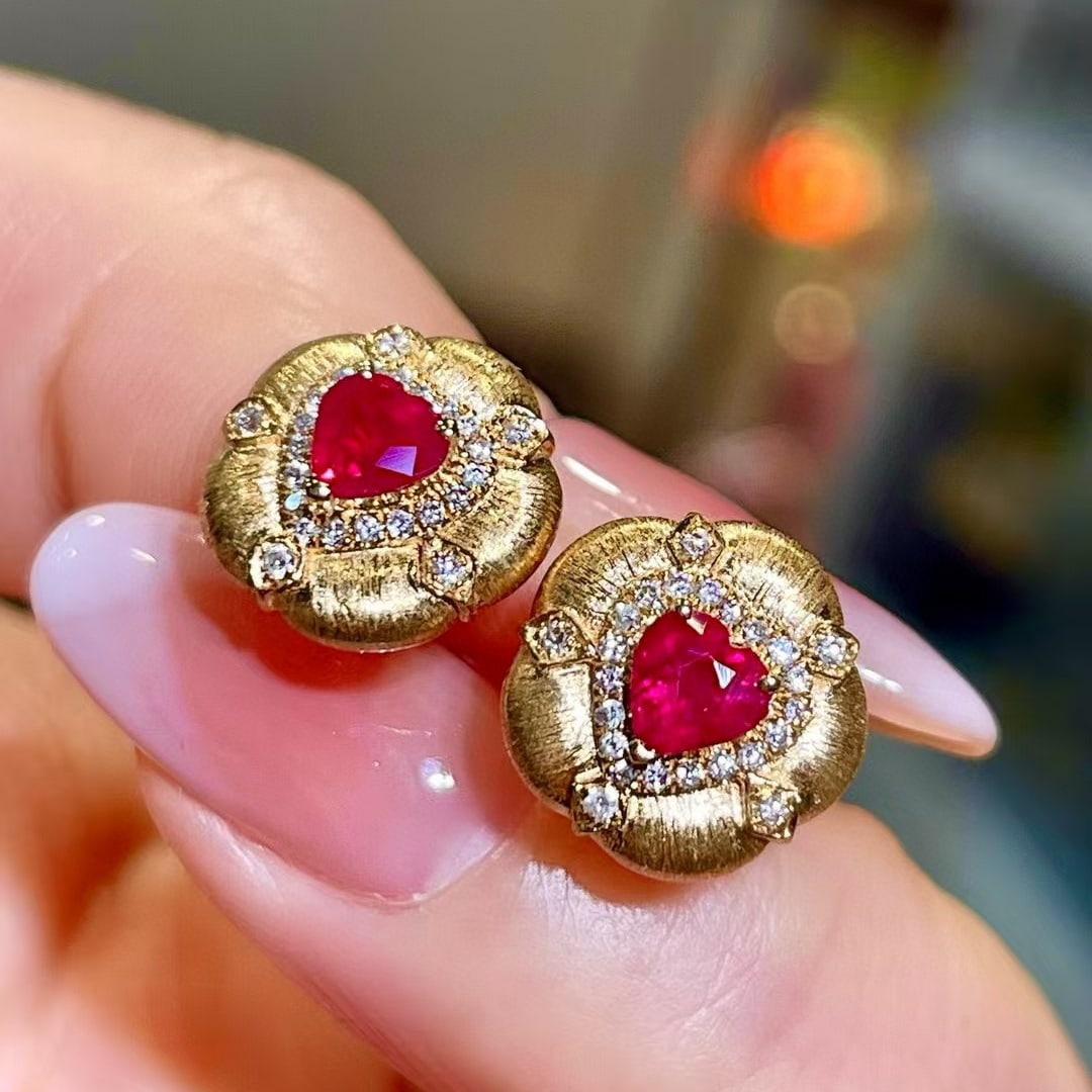 14k Gold 0.98 Ctw Natural Ruby & Diamond Earrings - 2