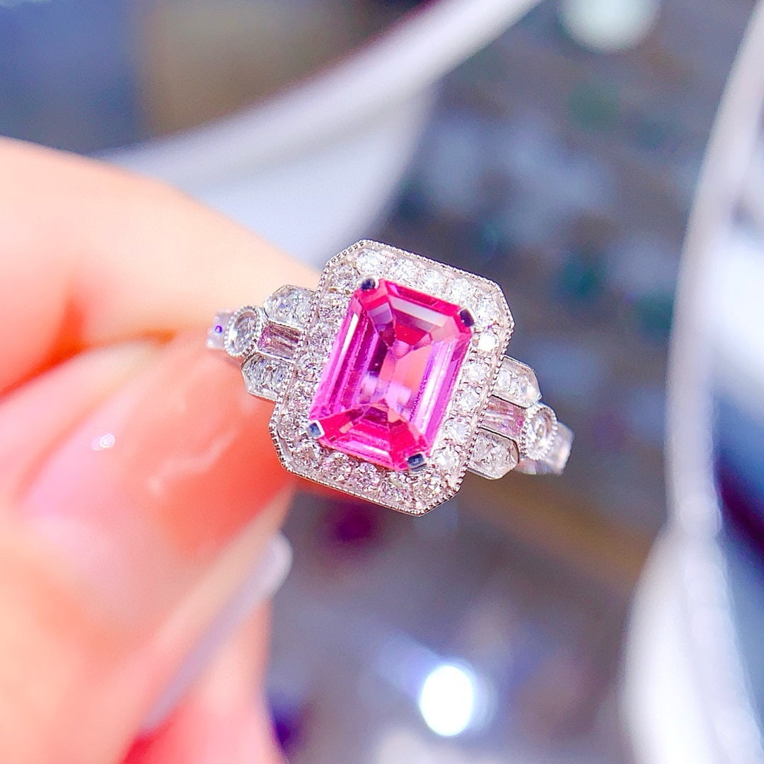 14k Gold 1.55 Ct Natural Padparadscha Sapphire & Diamond Ring - 2