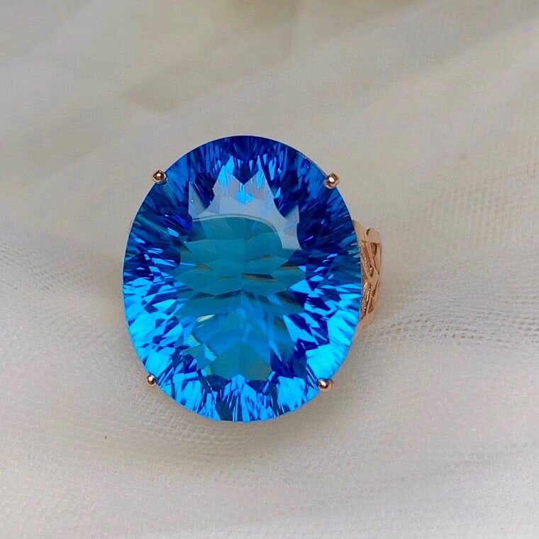 14k Gold 25.20 Ct Natural Topaz & Diamond Ring - 4