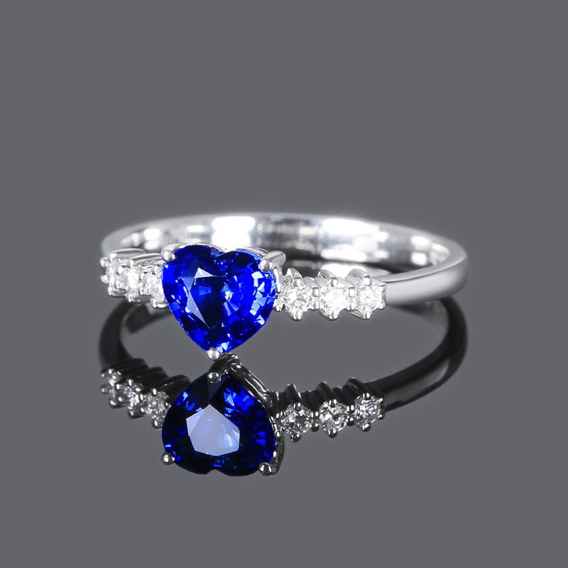 14k Gold 0.98 Ctw Natural Sapphire & Diamond Ring: Ref:230958007 // gold content:14k gold // ring size:7. 25us // // main gemstone:sapphire // shape:heart // carat weight:0. 86ct // color:royal blue // treatment:natural // // adjacent gemstone 2 : dia