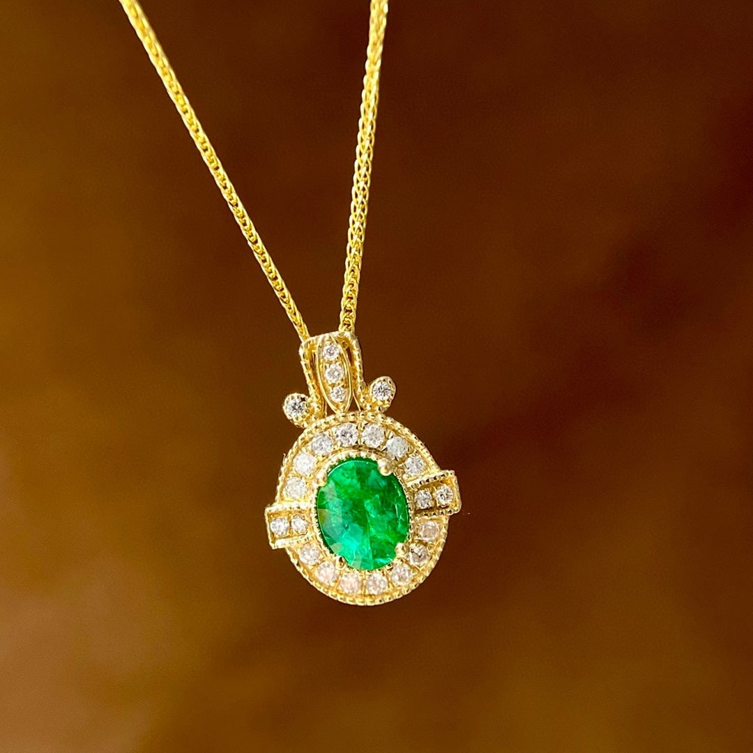 14k Gold 0.3 Ct Vivid Green Natural Emerald & Diamond Pendant( Without Chain ) (1 of 7)