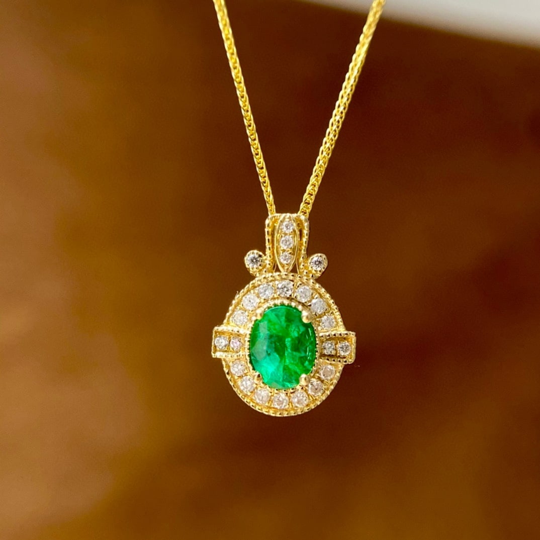14k Gold 0.3 Ct Vivid Green Natural Emerald & Diamond Pendant( Without Chain ) - 2