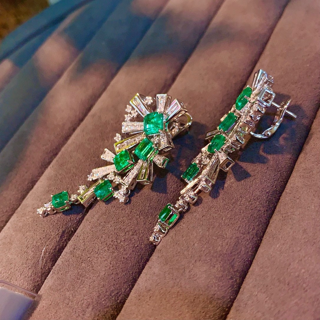 14k Gold 4.40 Ctw Vivid Green Natural Emerald & Diamond Earrings - 7