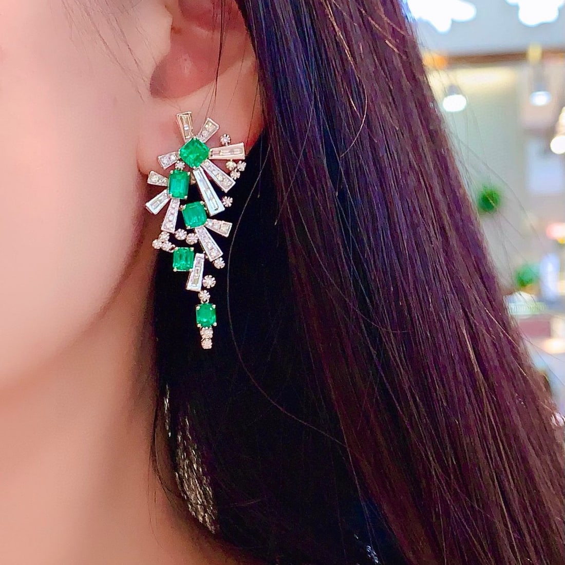 14k Gold 4.40 Ctw Vivid Green Natural Emerald & Diamond Earrings - 8