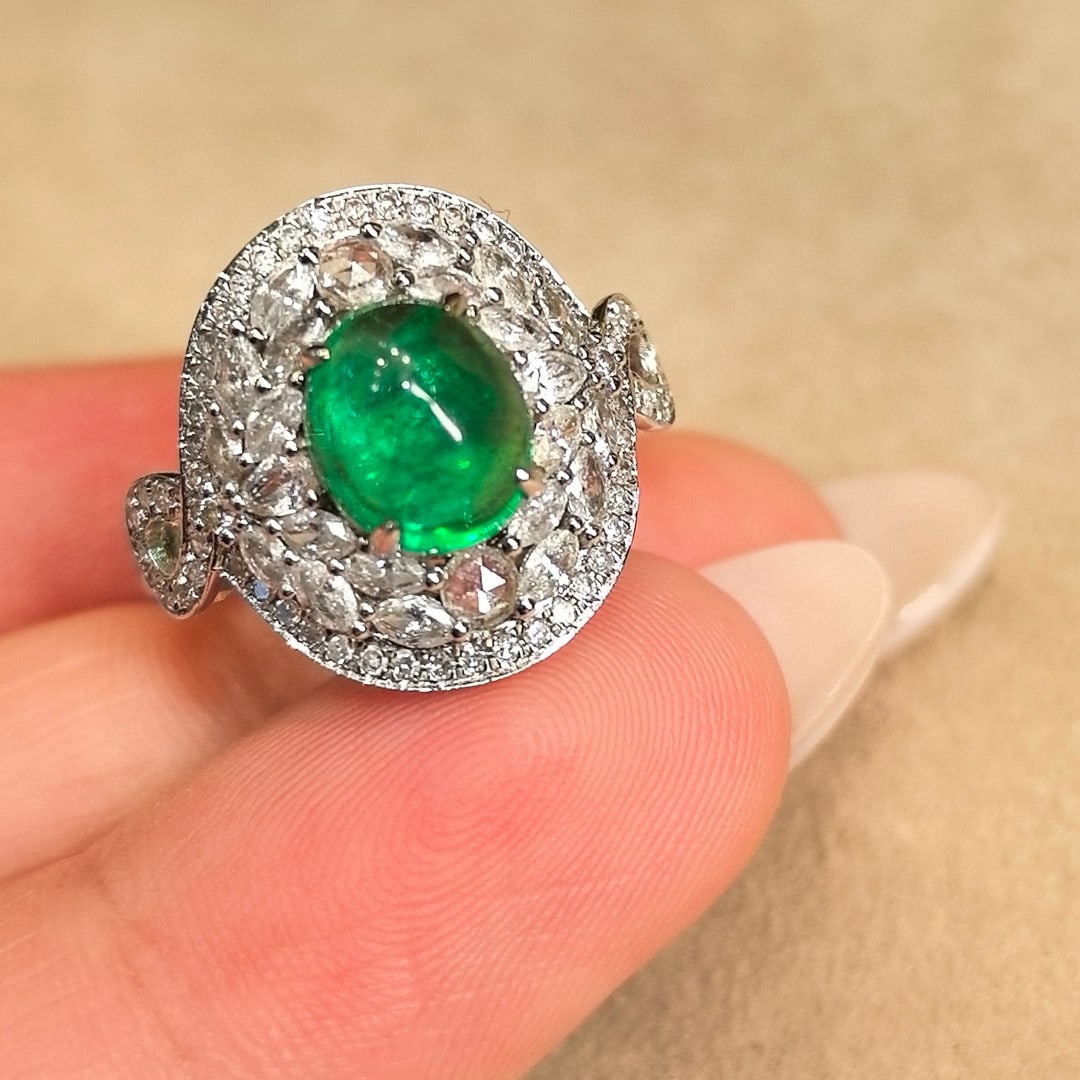14k Gold 3.41 Ctw Vivid Green Natural Emerald & Diamond Ring - 5
