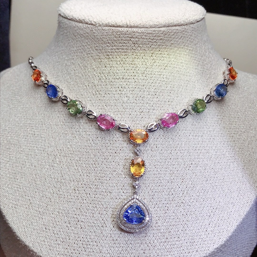 14k Gold 9.65 Ct Natural Sapphire & Diamond Necklace: Ref:230958030 // gold content:14k gold // main gemstone:sapphire // shape:multiply // carat weight:9. 65ct // color:color // treatment:natural // // adjacent gemstone 2 : diamond // number of