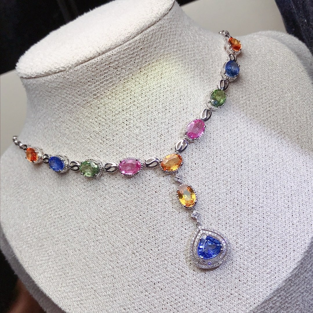 14k Gold 9.65 Ct Natural Sapphire & Diamond Necklace - 3