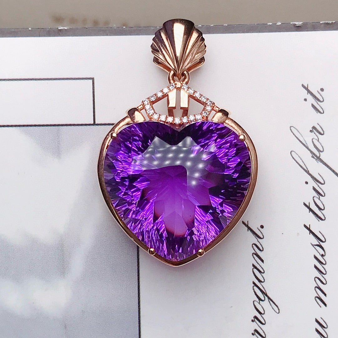14k Gold 18.5 Ct Natural Amethyst & Diamond Pendant( Without Chain ): Ref:230958032 // gold content:14k gold // main gemstone:amethyst // shape:heart // carat weight:18. 5ct // color:purple // treatment:natural // // adjacent gemstone 2 : diamond // number of