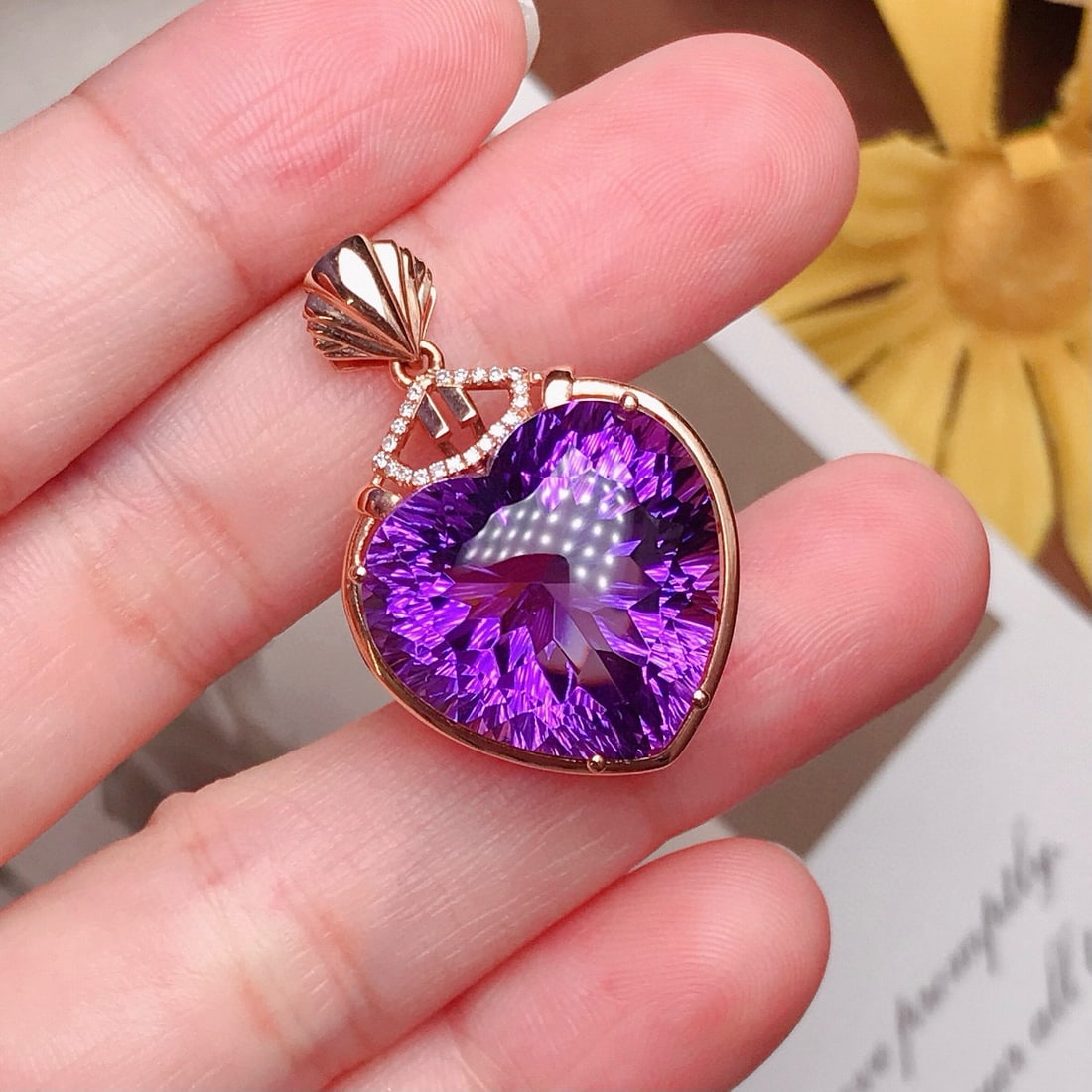 14k Gold 18.5 Ct Natural Amethyst & Diamond Pendant( Without Chain ) - 4
