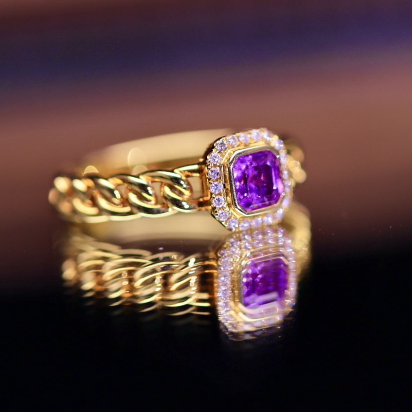 14k Gold 0.84 Ctw Natural Sapphire & Diamond Ring: Ref:230958036 // gold content:14k gold // ring size:7. 25us // // main gemstone:sapphire // shape:octagonal // carat weight:0. 76ct // color:purple // treatment:natural // // adjacent gemstone 2 :