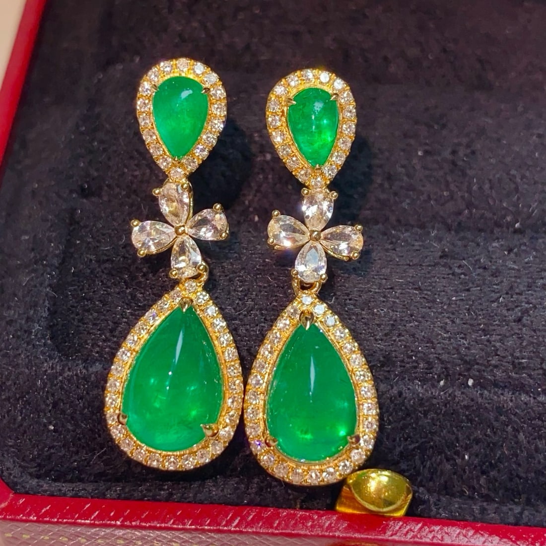 14k Gold 5.58 Ctw Natural Emerald & Diamond Earrings - 2