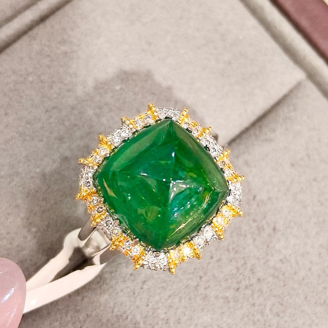 14k Gold 9.57 Ctw Natural Emerald & Diamond Ring: Ref:230958061 // gold content:14k gold // ring size:7. 25us // // main gemstone:emerald // shape:suger-loaf // carat weight:9. 07ct // color:green // treatment:natural // // adjacent gemstone 2 :