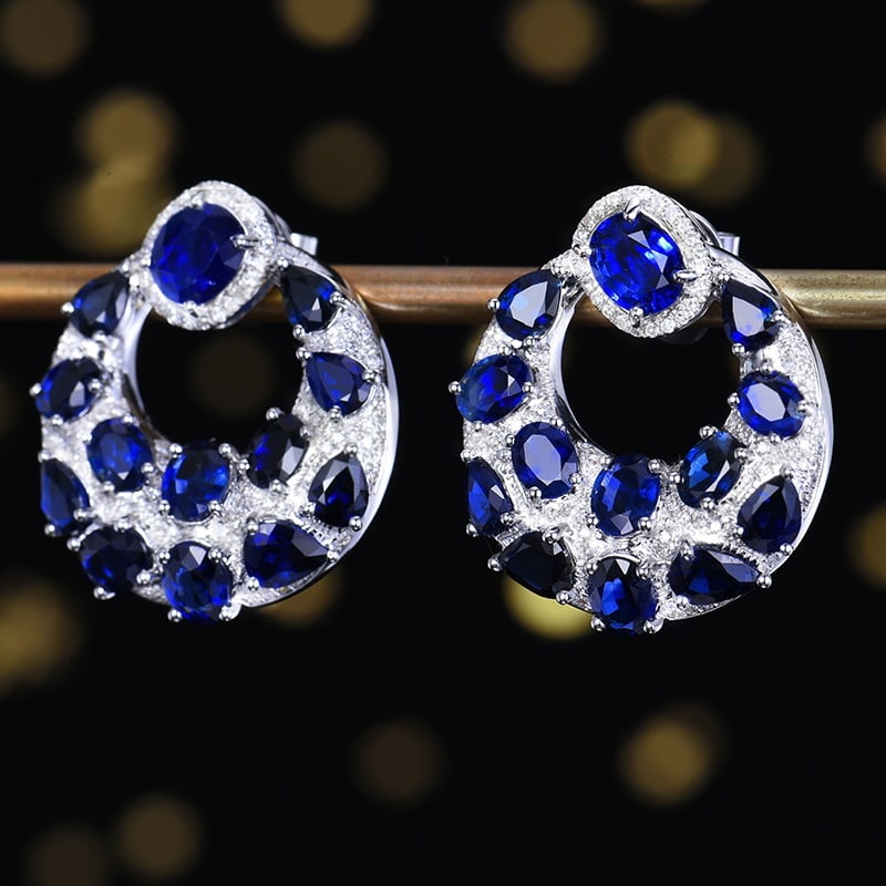 14k Gold 7.53 Ctw Vivid Blue Natural Sapphire & Diamond Earrings - 2