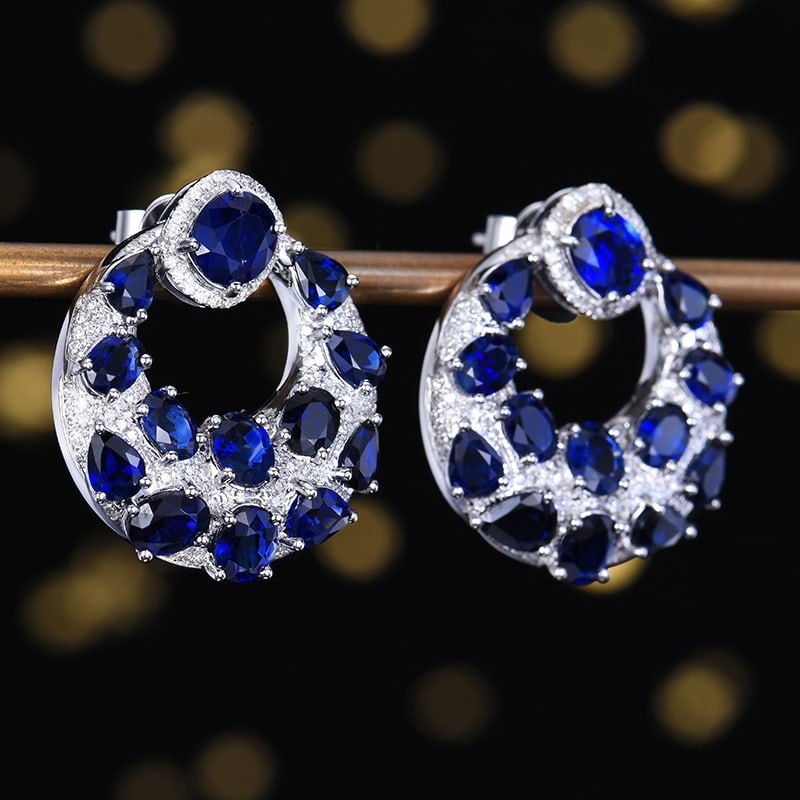 14k Gold 7.53 Ctw Vivid Blue Natural Sapphire & Diamond Earrings - 3