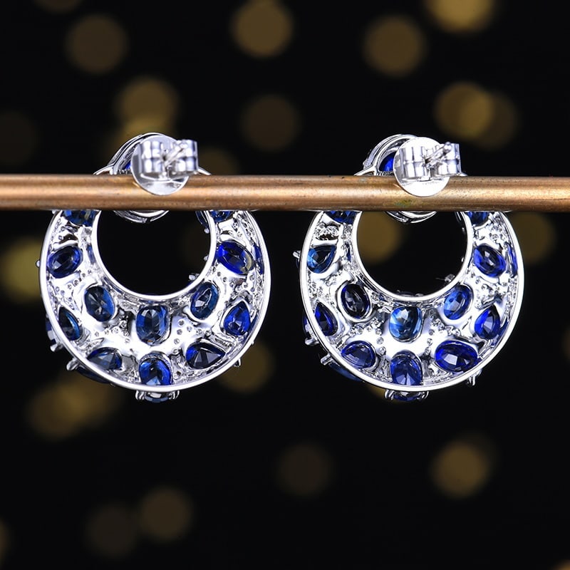 14k Gold 7.53 Ctw Vivid Blue Natural Sapphire & Diamond Earrings - 4