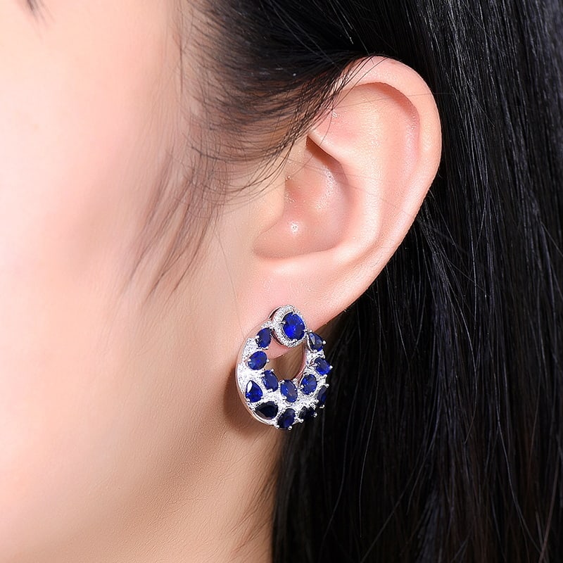 14k Gold 7.53 Ctw Vivid Blue Natural Sapphire & Diamond Earrings - 6