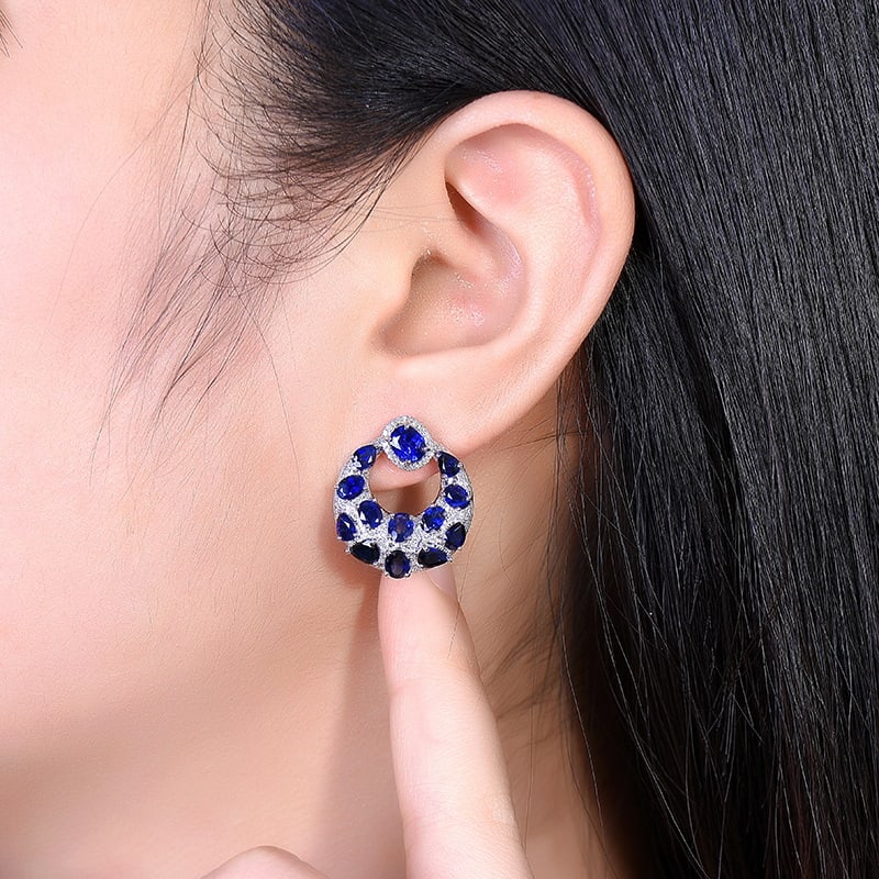 14k Gold 7.53 Ctw Vivid Blue Natural Sapphire & Diamond Earrings - 7