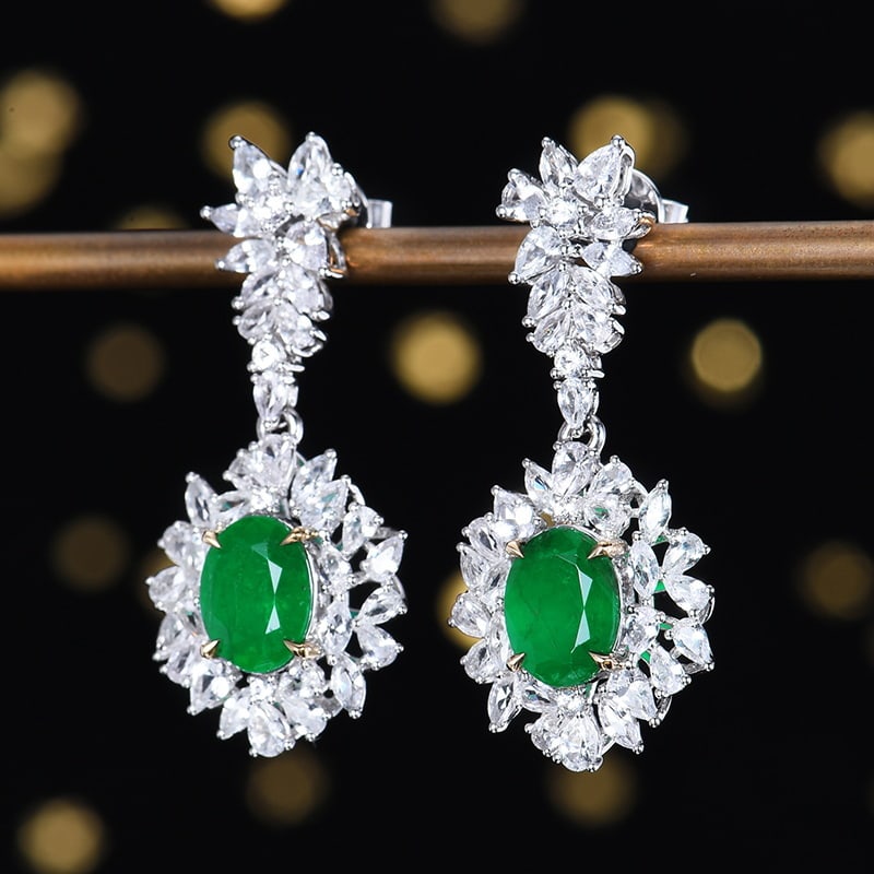 14k Gold 5.28 Ctw Vivid Green Natural Emerald & Sapphire Earrings - 2