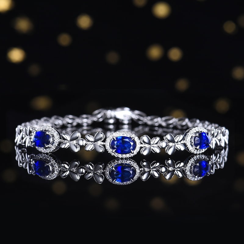 14k Gold 1.76 Ctw Vivid Blue Natural Sapphire & Diamond Bracelet: Ref:230958145 // gold content:14k gold // main gemstone:sapphire // shape:oval // carat weight:1. 6ct // color:vivid blue // treatment:natural // // adjacent gemstone 2 : diamond // number of