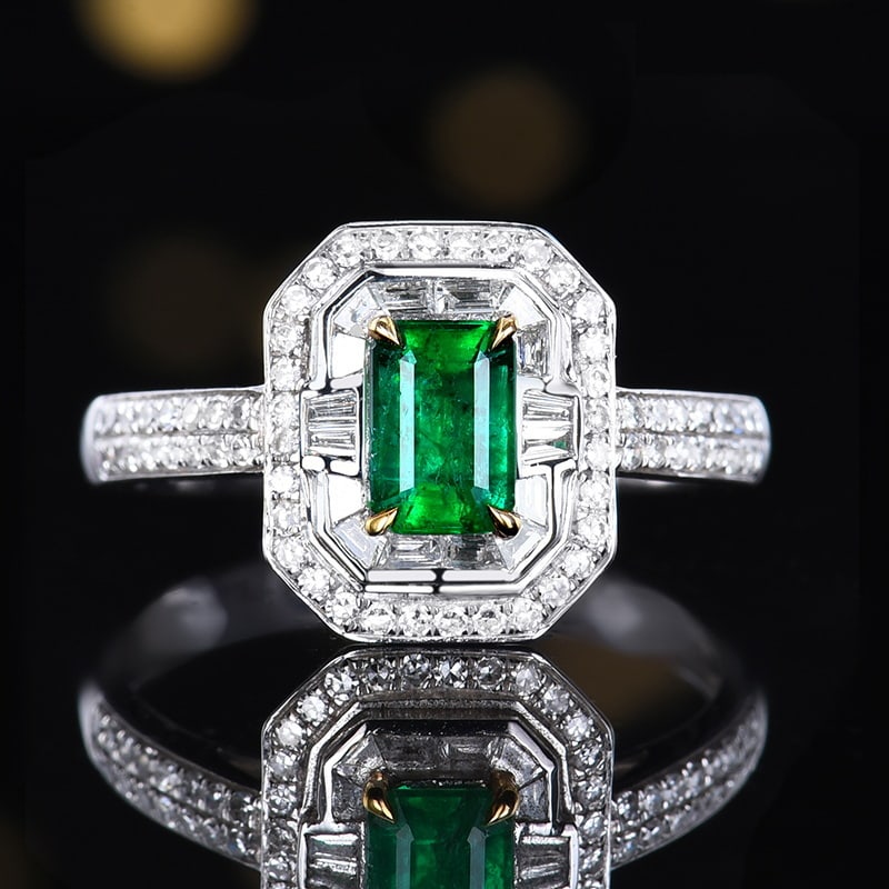14k Gold 1.06 Ctw Vivid Green Natural Emerald & Diamond Ring: Ref:230958149 // gold content:14k gold // ring size:7. 25us // // main gemstone:emerald // shape:octagonal // carat weight:0. 58ct // color:vivid green // treatment:natural // // adjacent gemstone 2 :