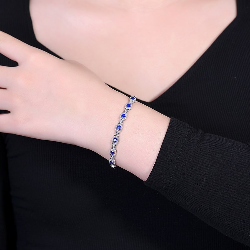 14k Gold 2.93 Ctw Vivid Blue Natural Sapphire & Diamond Bracelet - 6