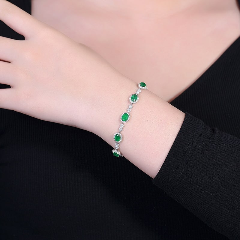 14k Gold 5.23 Ctw Vivid Green Natural Emerald & Diamond Bracelet - 5