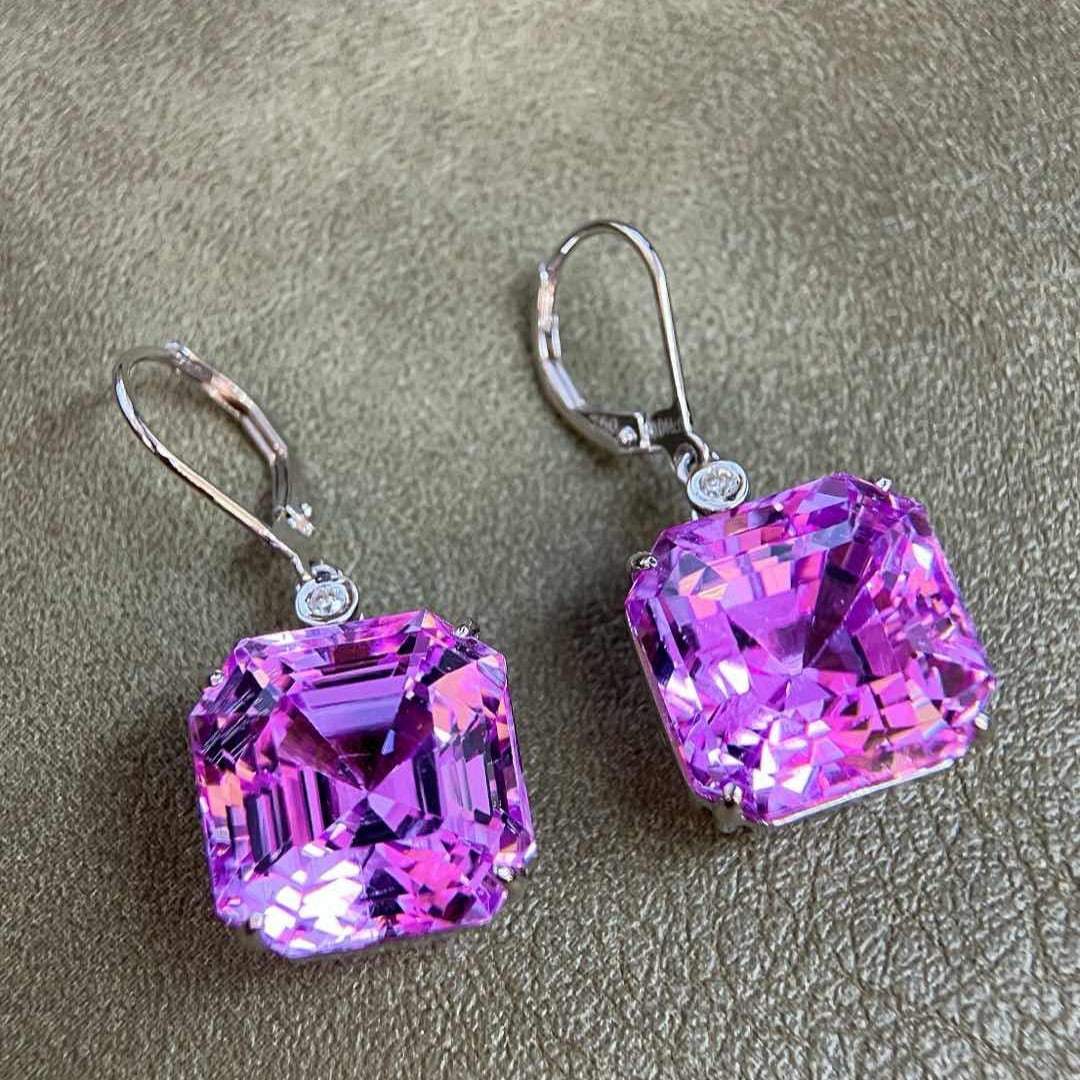 14k Gold 38.05 Ct Natural Kunzite & Diamond Earrings - 3