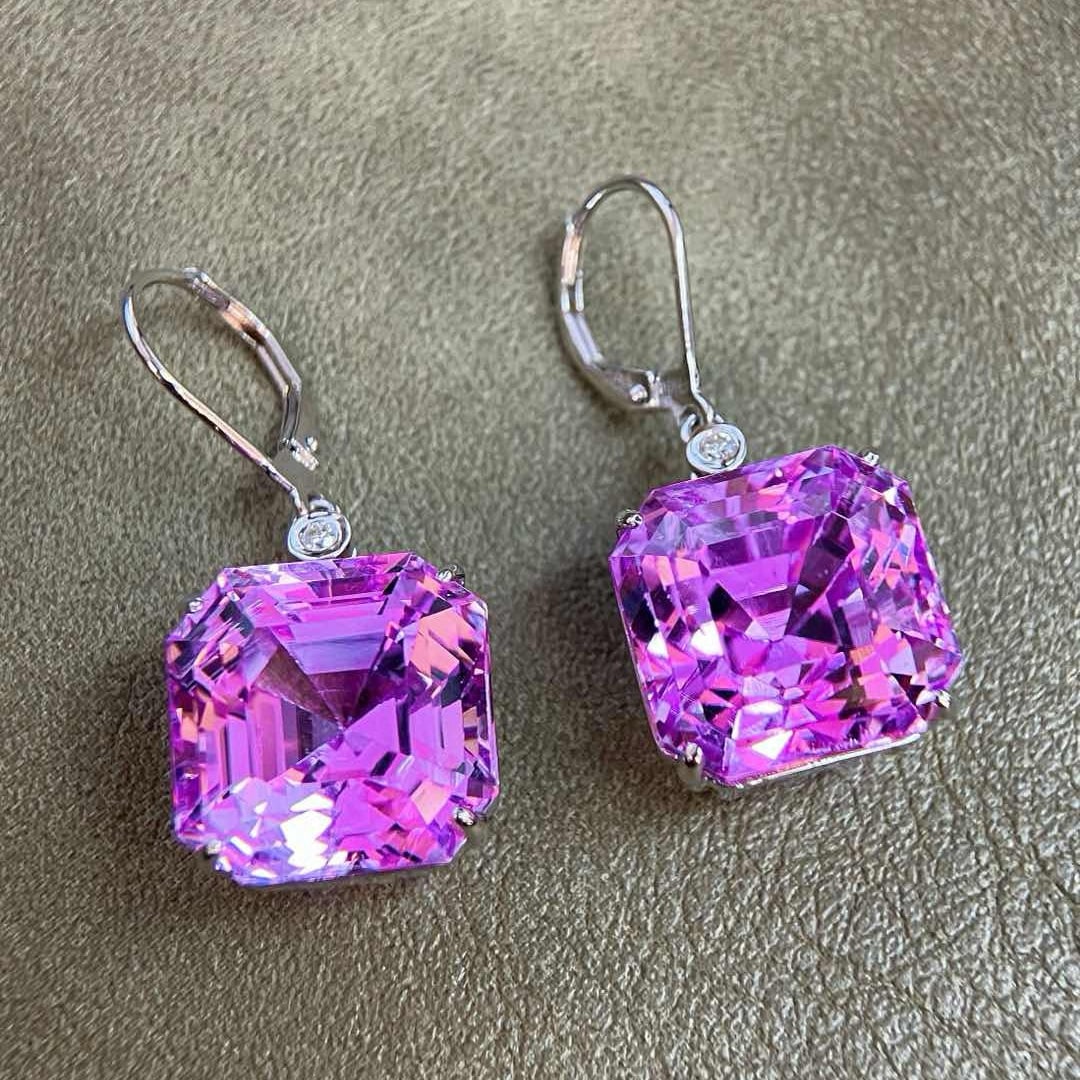 14k Gold 38.05 Ct Natural Kunzite & Diamond Earrings - 4