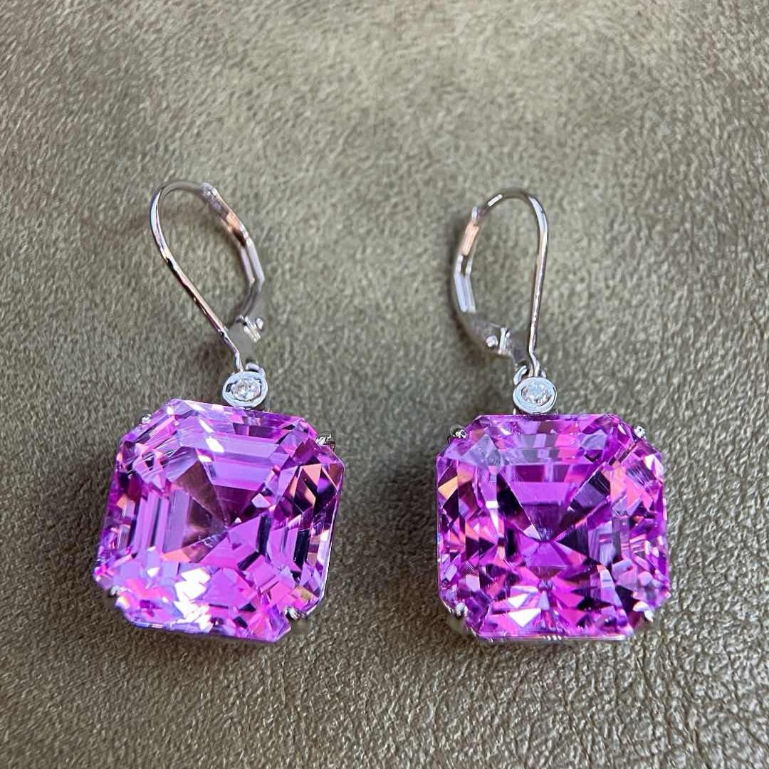 14k Gold 38.05 Ct Natural Kunzite & Diamond Earrings - 5