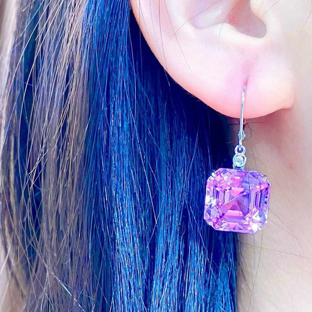 14k Gold 38.05 Ct Natural Kunzite & Diamond Earrings - 7