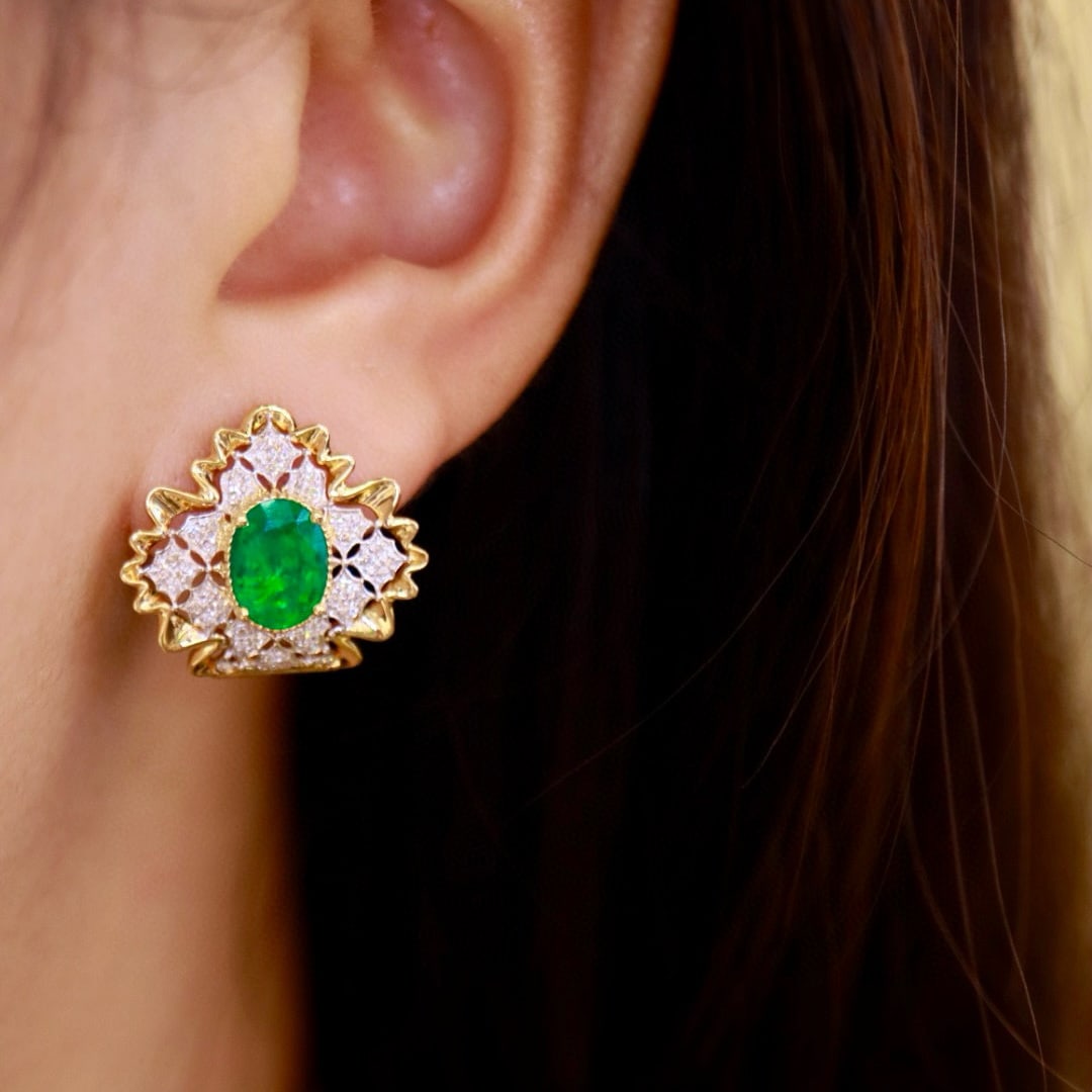 14k Gold 2.41 Ctw Vivid Green Natural Emerald & Diamond Earrings - 4